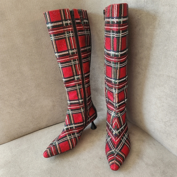 Alex Marie dress boots 7 red plaid OzaraTwo knee high kitten pointy new $190 - Picture 3 of 17
